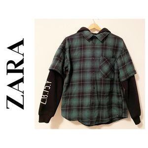 Zara kids green and black plaid button down hoodie shirt size 13-14